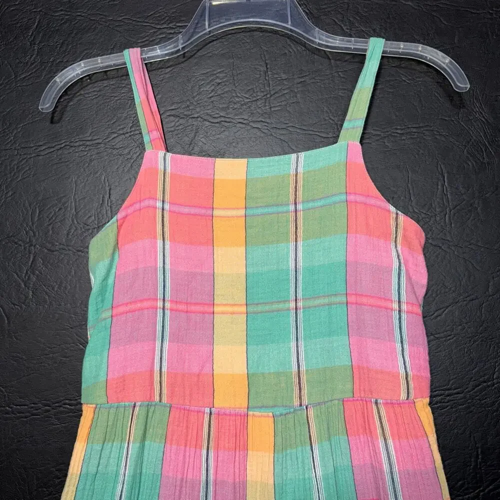 Gap Girls Tiered Midi Sundress Sleeveless Pastel Plaid Lagoon Print Pink Green